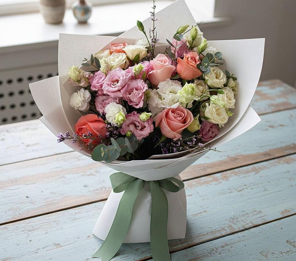 Букет цветов из: Розы, Лизиантусы и Гвоздики в Белом Яре Республики Хакасия