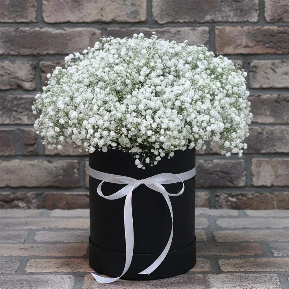 Цветочная композиция из Гипсофила в шляпной коробке в Белом Яре Республики Хакасия