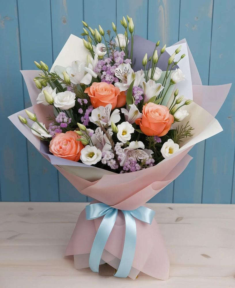 Букет цветов из: Лизиантусы, Розы, Альстромерии и Гипсофила в Белом Яре Республики Хакасия