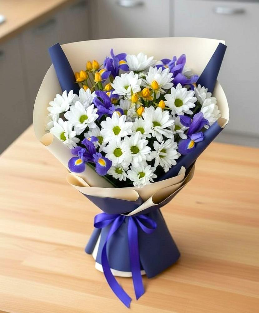 Букет цветов из: Розы, Ирисы и Хризантемы в Белом Яре Республики Хакасия