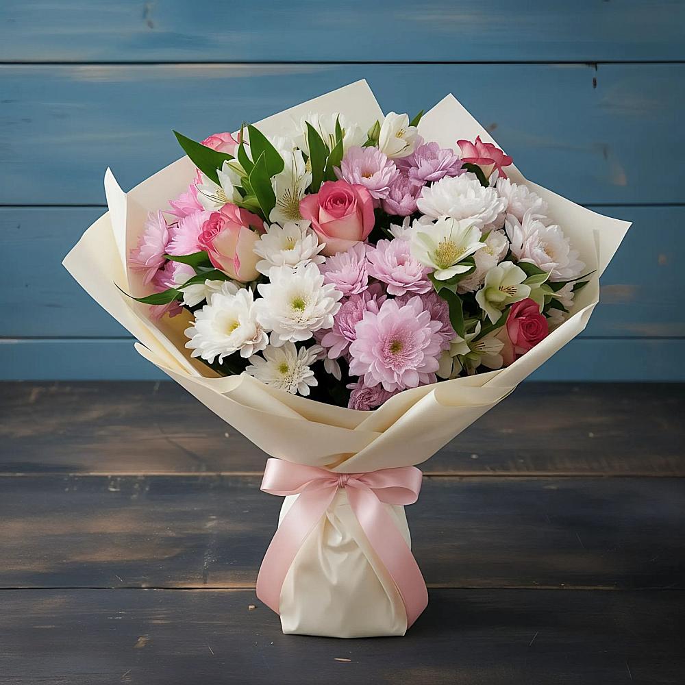 Букет цветов из: Хризантемы, Альстромерии и Розы в Белом Яре Республики Хакасия